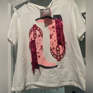 New with tag- Queen of Sparkles cowboy  boots top - sequins - small